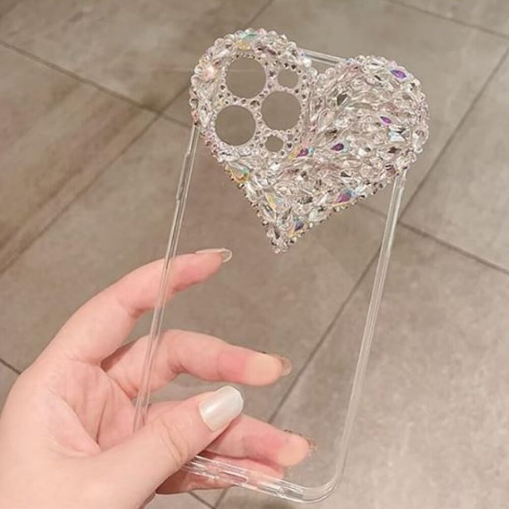 3D Love Heart Transparent Lens Camera Glitter Diamond Phone Case for iPhone13